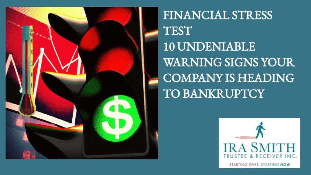 An image showing a traffic light with red and green lights with financial charts and dollar signs in the background to depict a company showing danger signals and nearing financial bankruptcy