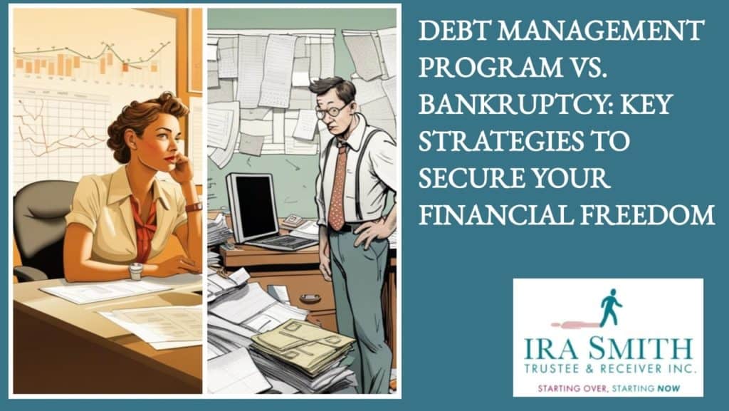 A split picture. On one side is a woman sitting at a neat and clean desk symolizing that all of her debts are under control. On the other half of the split screen is a worried man standing in front of a messy desk with bills spilling all over the place to symbolize a person with debts out of control and needing a debt management plan or to file for bankruptcy.