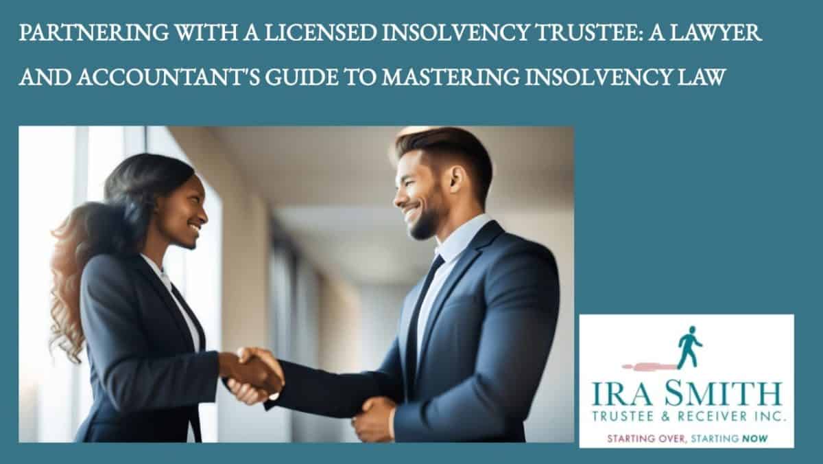 This is an image of a professional woman and a professional man shaking hands to symbolize a successful partnership between a licensed insolvency trustee and a lawyer or accountant.
