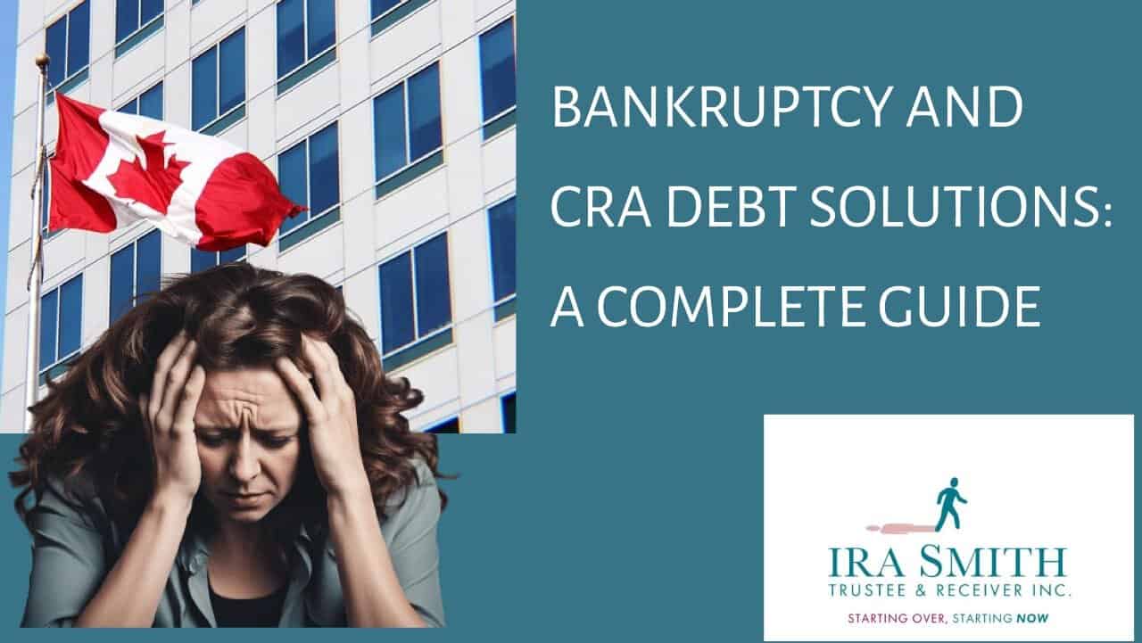 An image of a woman holding her head in her hands with an image of a building with a Canadian flag behind her to represent a woman worrying about her bankruptcy and CRA debt.