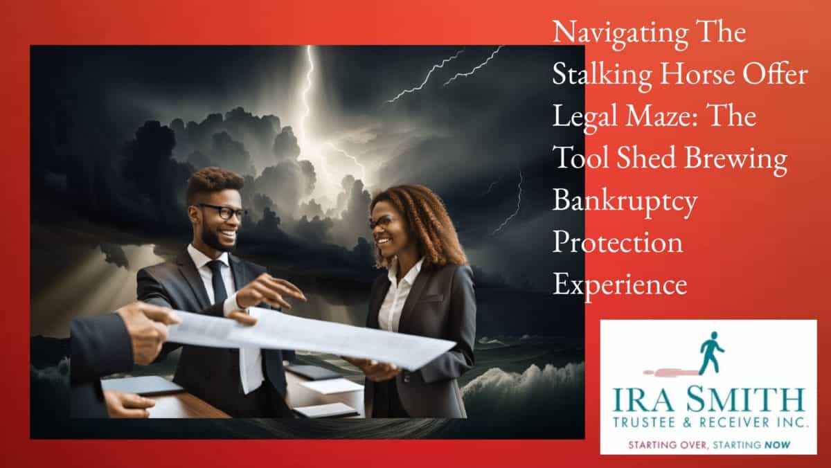 An image of a stormy dark sky with a ray of light shining through with professional advisors in the foreground to represent corporate financial problems but the hope for a successful restructuring using a stalking horse offer.