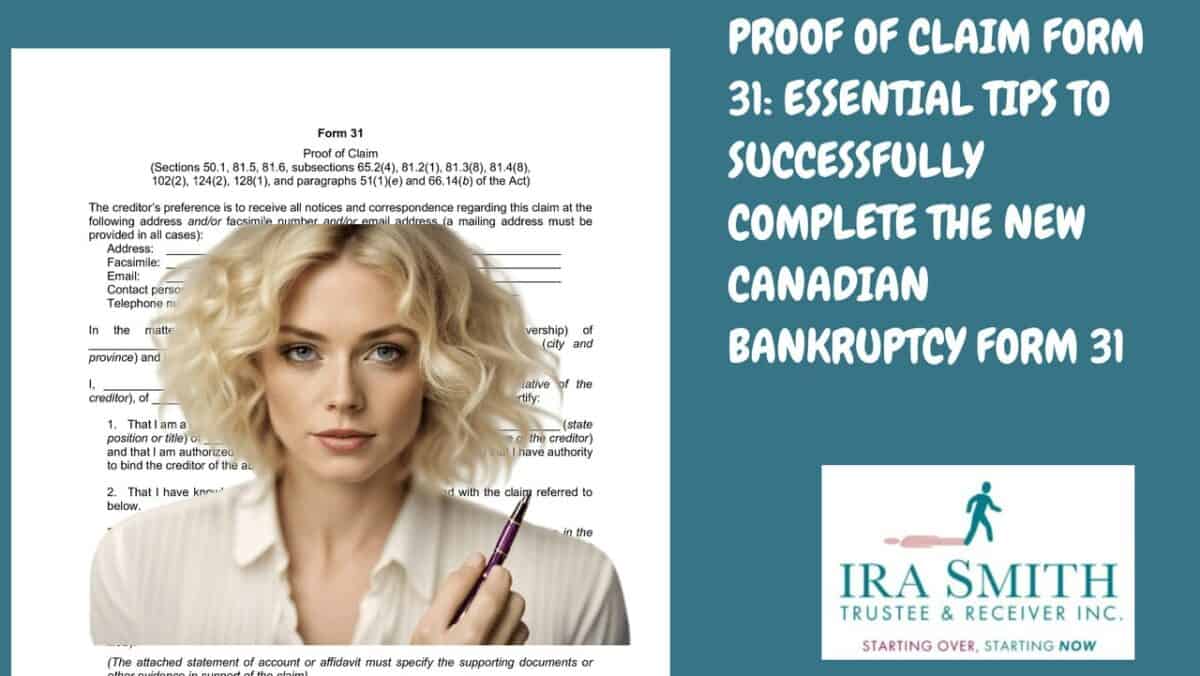 picture of woman holding a pen about to complete the form 31 proof of claim in a Canadian bankruptcy proceeding to register her claim with the licensed insolvency trustee