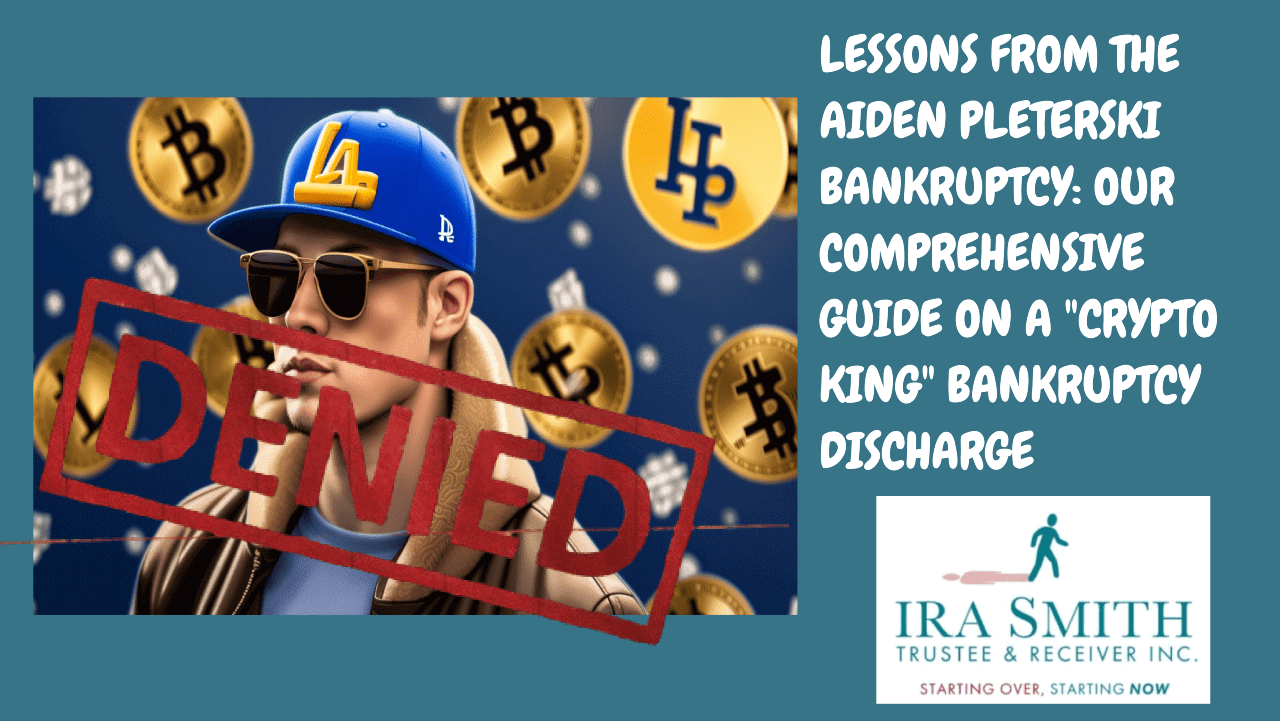 Image represents Aiden Pleterski the self-proclaimed Ontario Crypto King with a "DENIED" stamp over him to represent he did not get his discharge from bankruptcy