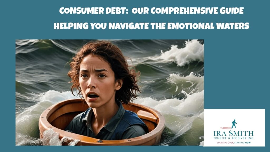 A woman sitting in a small boat in very choppy waters to represent the emotional stress of too much debt.