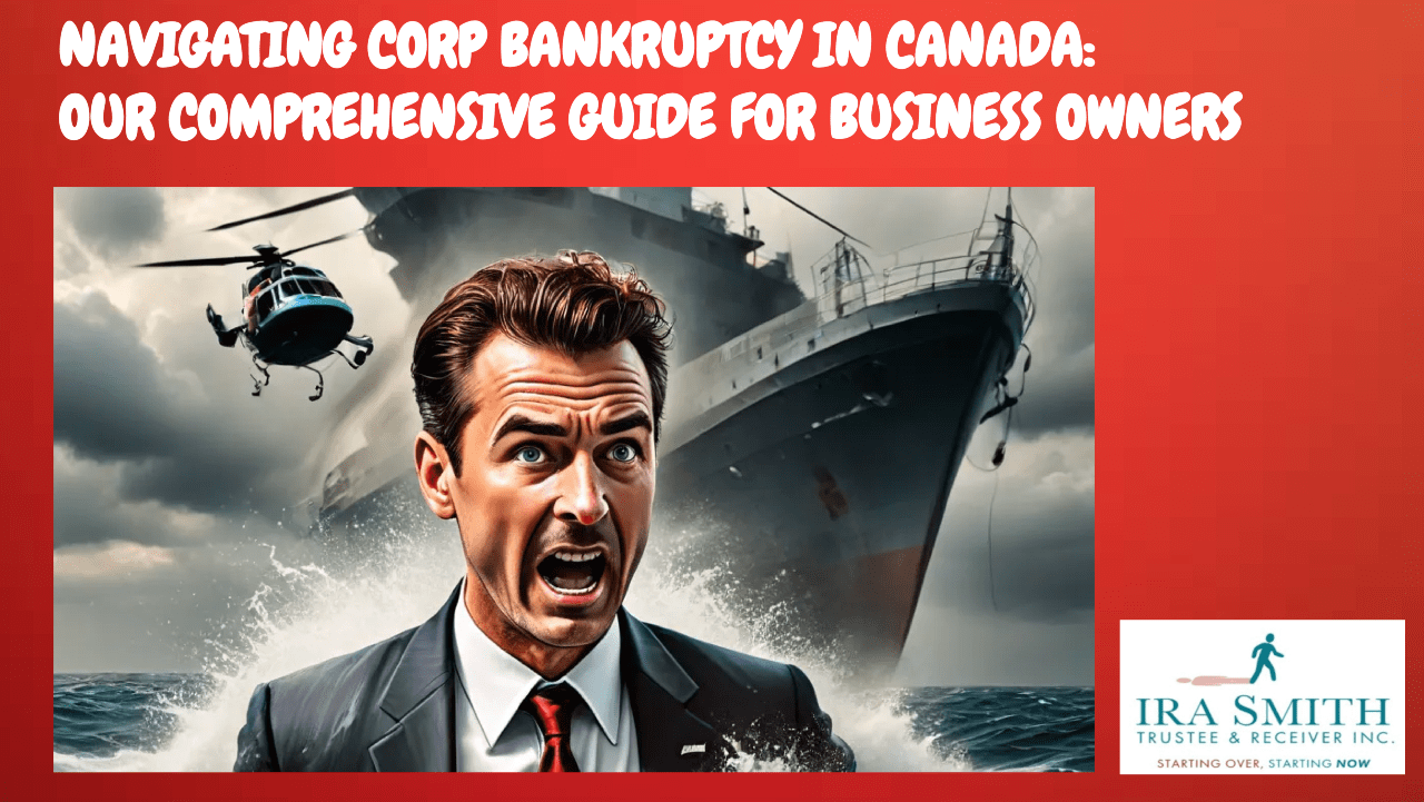 A businessman on a sinking ship in turbulent waters representing a corporation heading to bankruptcy with a helicopter above throwing a restructuring lifeline.