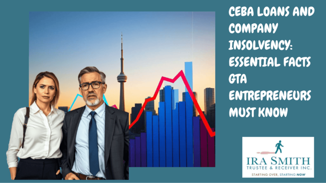 Toronto financial district skyline with CN Tower and overlaid business charts representing company insolvency challenges facing 2 worried GTA entrepreneurs