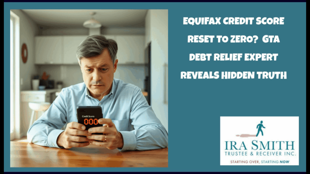 Shocked person looking at smartphone displaying Equifax credit score of zero - Toronto debt relief help available