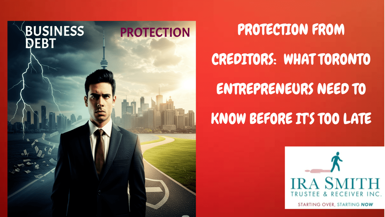Toronto entrepreneur standing at crossroads between business debt storm and financial protection path with CN Tower skyline in background