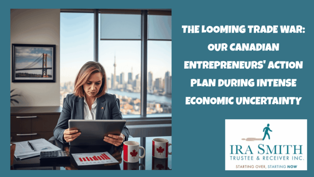 Canadian entrepreneur concerned about trade war impact viewing declining financial charts with Ambassador Bridge in background
