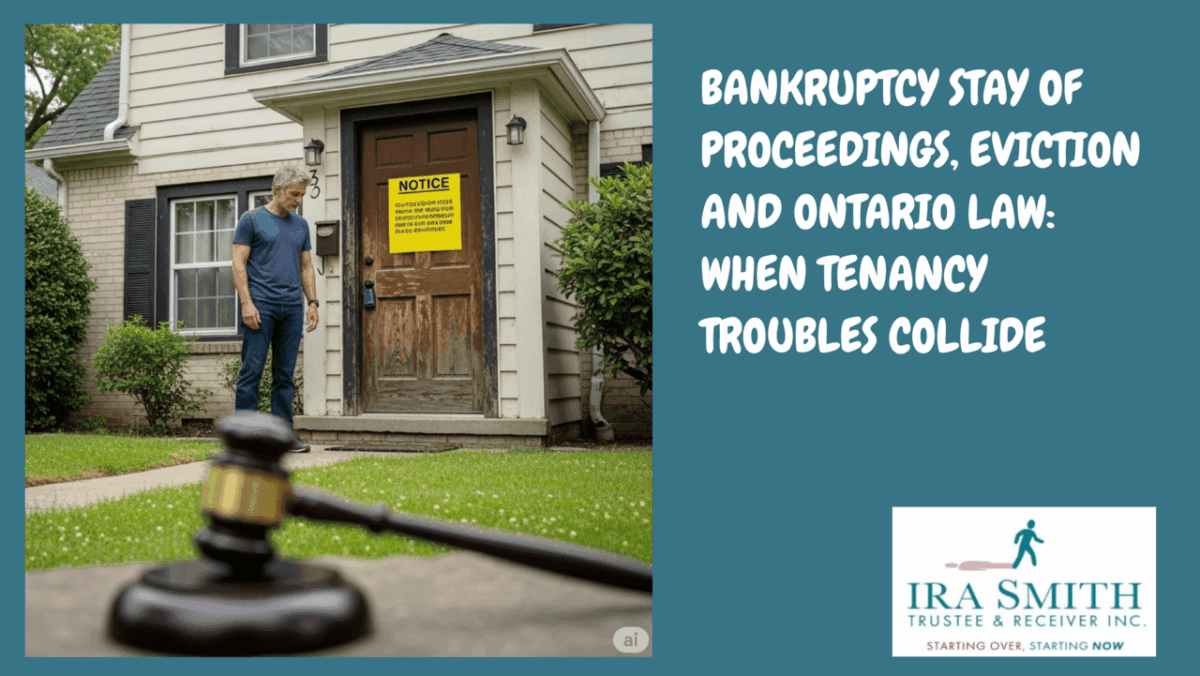 GTA homeowner with eviction notice and judge gavel illustrating bankruptcy stay of proceedings tenant protection