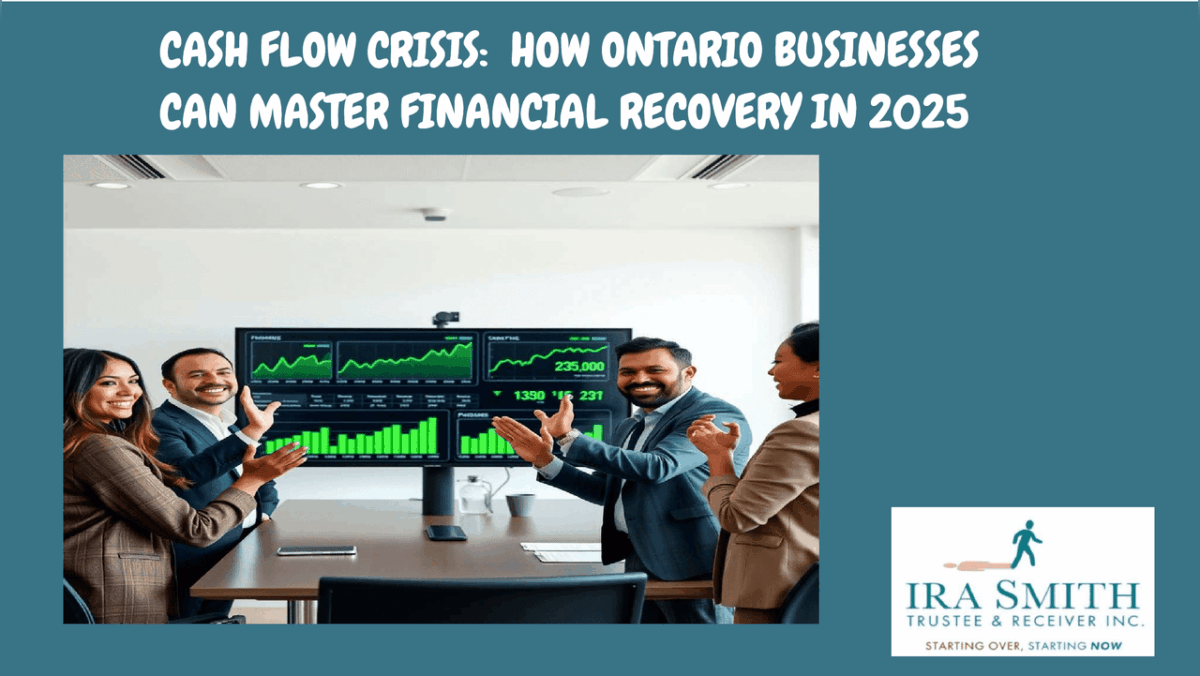 Diverse business team celebrating successful cash flow turnaround while reviewing positive financial charts in Ontario office conference room
