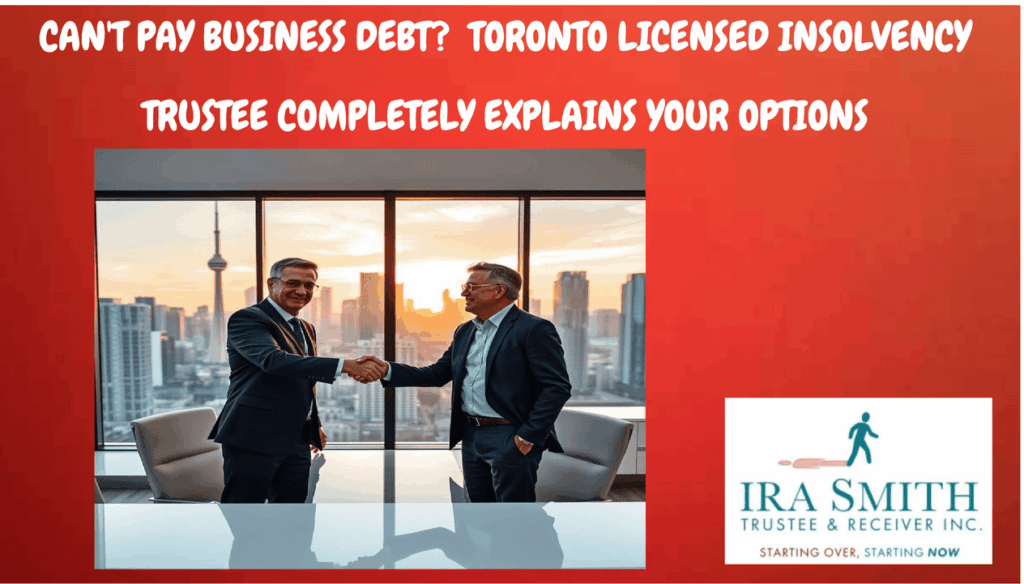 Business debt crisis consultation in Toronto office with CN Tower skyline background