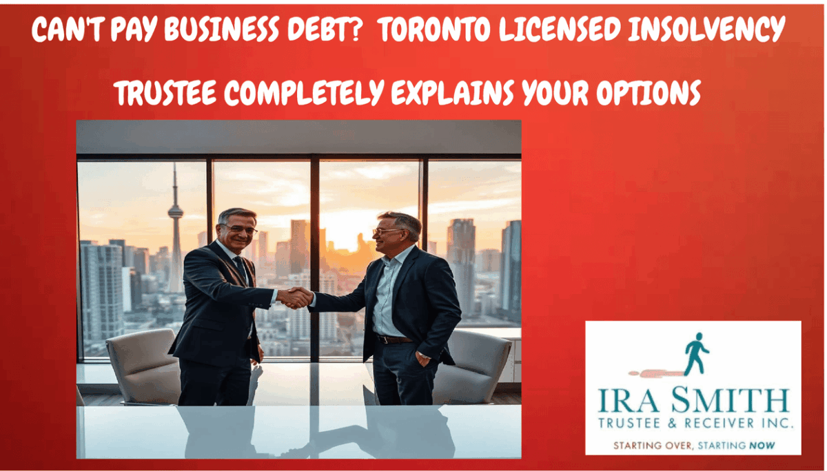 Business debt crisis consultation in Toronto office with CN Tower skyline background