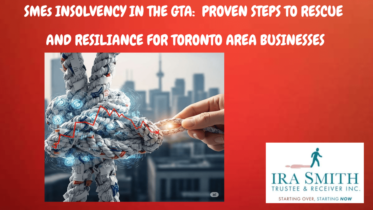 A professional's hand begins to untangle a complex, tightly knotted rope made of tangled financial documents and debt symbols. The image represents the GTA small business debt crisis, with a blurred Toronto skyline in the background, symbolizing hope and a path forward.