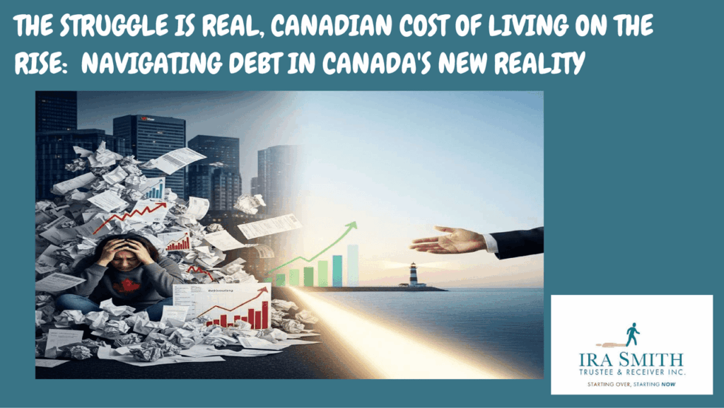 THE STRUGGLE IS REAL, CANADIAN COST OF LIVING ON THE RISE: NAVIGATING DEBT IN CANADA'S NEW REALITY 2 A woman entrepreneur with their head in their hands sits on the ground, surrounded by a huge pile of crumpled bills and paper, with red, downward-trending charts around them, symbolizing financial stress and debt due to the high cost of living. The background is a dark, urban cityscape. On the right, a bright path of light extends from a lighthouse on the sea to a hand representing a licensed insolvency trustee reaching out to help the woman, with green, upward-trending charts in the air, symbolizing hope and a path to financial recovery.