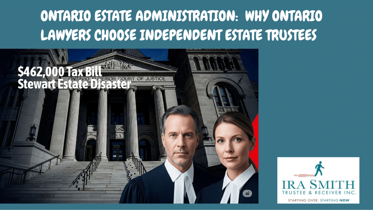 Ontario courthouse steps with "$462,000 Tax Bill Stewart Estate Disaster" text overlay - Independent Estate Trustee services by Smith Estate Trustee Ontario