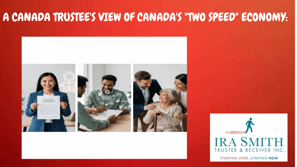 A CANADA TRUSTEE'S COMPLETE VIEW OF CANADA'S 'TWO-SPEED' ECONOMY: WHY CONSUMER INSOLVENCIES ARE SOARING WHILE CORPORATIONS AREN'T 2 An image showing the diverse and essential roles of a Canada trustee in managing legal, financial, and personal affairs, being different types of Canadian trustees at work: a female Estate Trustee, a male licensed insolvency trustee and a male and female trustee assisting an elderly person.
