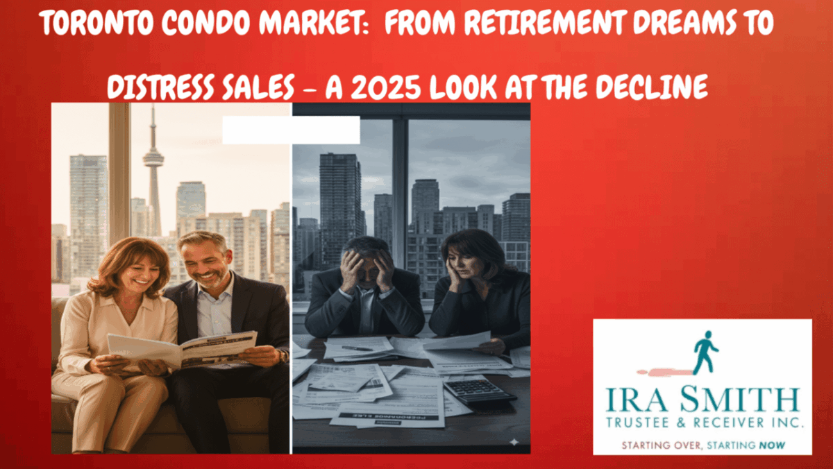 Toronto condo market crisis illustration showing a couple's transition from retirement investment dreams to real estate debt problems requiring insolvency trustee assistance
