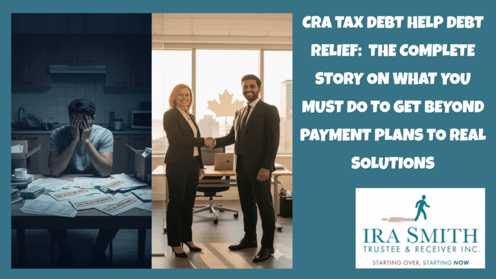 Canadian business owner receiving CRA tax help from a Licensed Insolvency Trustee, showing a transformation from tax debt stress to financial relief