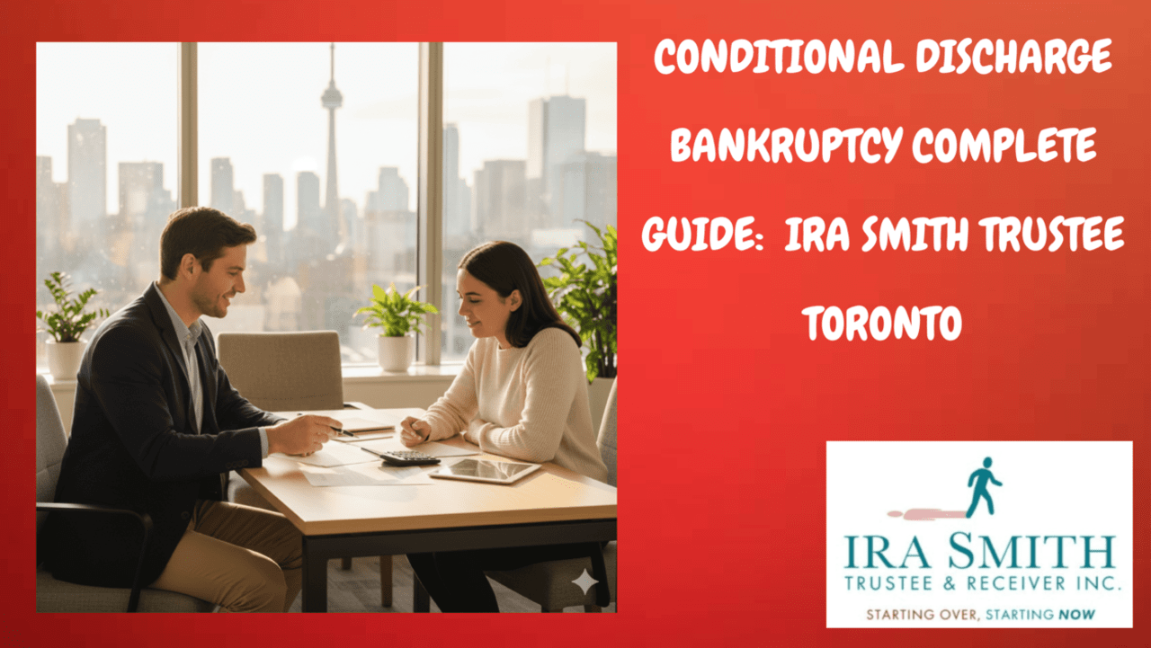 CONDITIONAL DISCHARGE BANKRUPTCY COMPLETE GUIDE: IRA SMITH TRUSTEE TORONTO 7 A male licensed insolvency trustee in smart casual attire points to financial documents, smiling encouragingly at a relieved female client, as they discuss conditional discharge in a bright Toronto office with the cityscape visible through large windows.