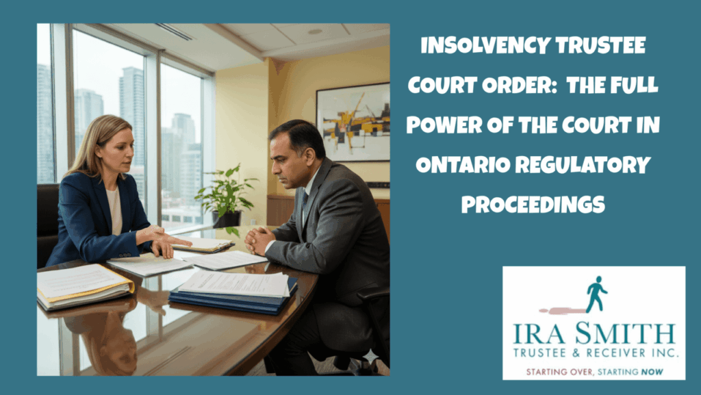Licensed Insolvency Trustee explaining insolvency trustee court order to client in Greater Toronto Area office