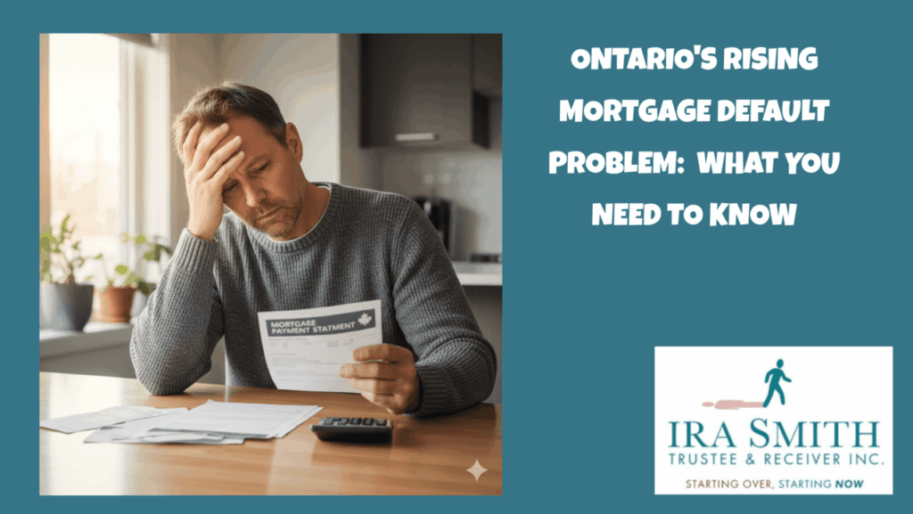 Stressed homeowner reviewing mortgage default bills and calculator at kitchen table in Toronto home