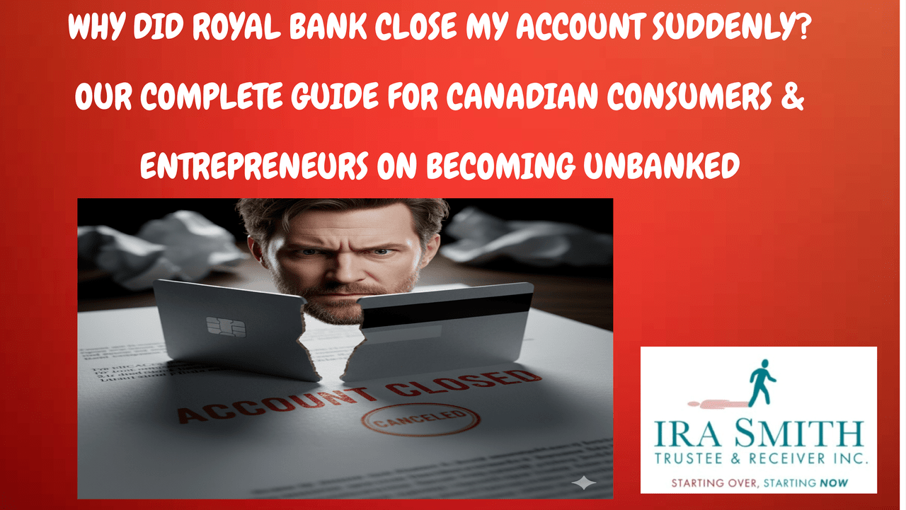 WHY DID ROYAL BANK CLOSE MY ACCOUNT SUDDENLY? OUR COMPLETE GUIDE FOR CANADIAN CONSUMERS & ENTREPRENEURS ON BECOMING UNBANKED 6 Upset man looking at a torn bank card and an "ACCOUNT CLOSED" letter, illustrating frustration when Royal Bank close my account.