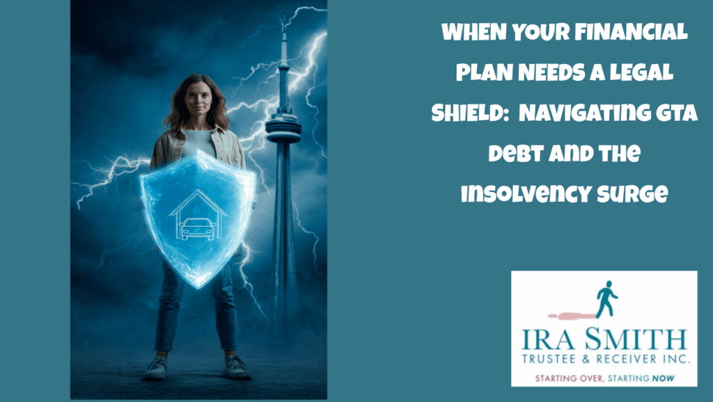 Woman holding a protective financial plan shield she got by filing a consumer proposal with Ira Smith Trustee & Receiver with house and car icons against a stormy Toronto sky with CN Tower and lightning, symbolizing asset protection.
