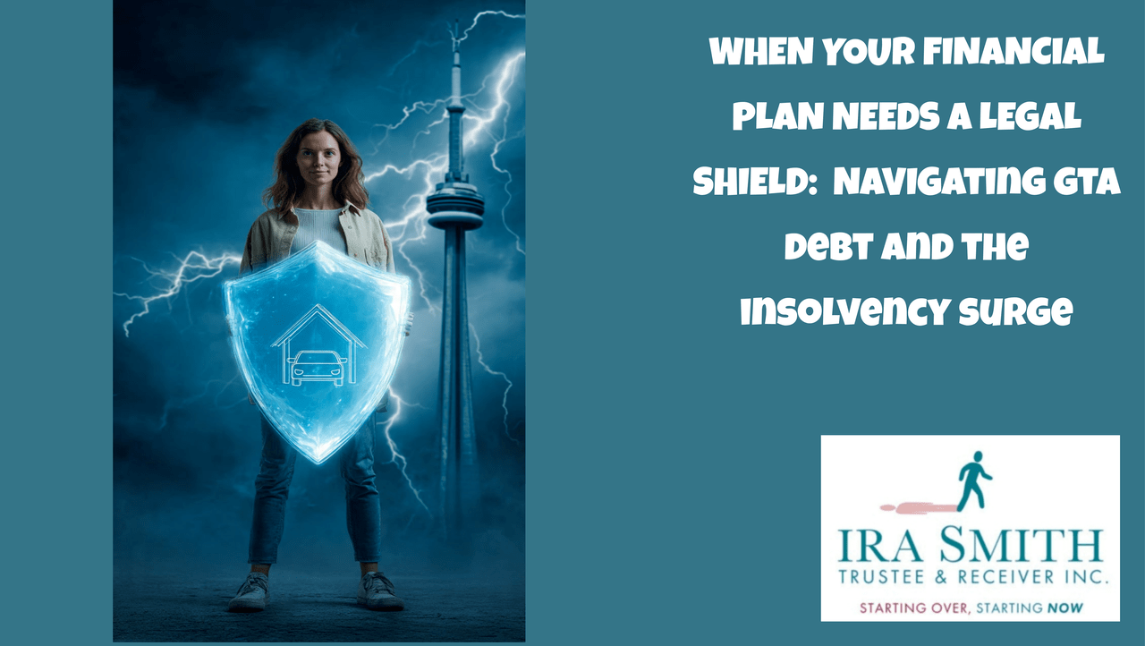 Woman holding a protective financial plan shield she got by filing a consumer proposal with Ira Smith Trustee & Receiver with house and car icons against a stormy Toronto sky with CN Tower and lightning, symbolizing asset protection.