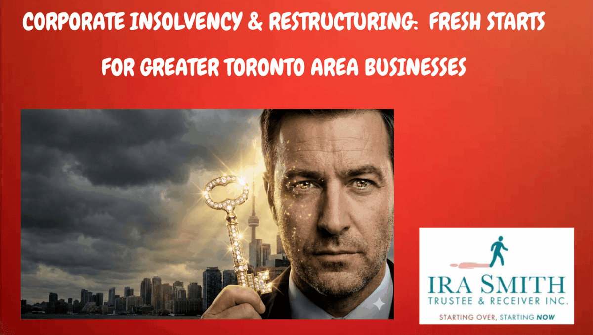 A business owner holding a key with the Toronto skyline in the background of a dark cloudy day with a beam of sunlight shining down through the clouds in the centre of the image symbolizing an entrepreneur with a financially troubled company who with the help of Ira Smith Trustee & Receiver Inc. Licensed Insolvency Trustee, has found the key to successful corporate insolvency & restructuring options for the entrepreneur's and other companies in the Greater Toronto Area.