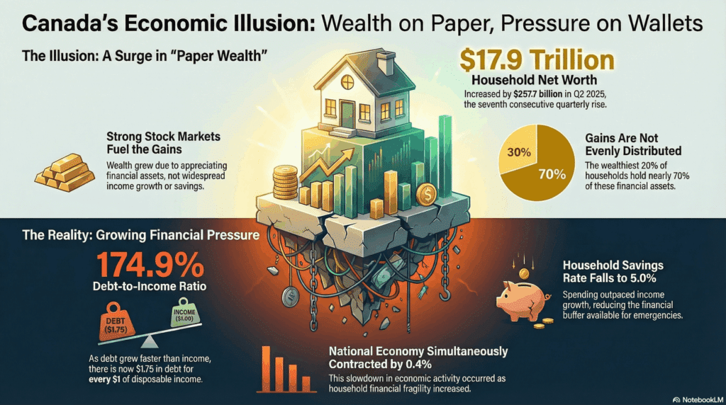 Infographic showing Canada's economy: Net worth up, economy contracted with rising household debt to income (DTI) & its 2026 impact on consumers & businesses.