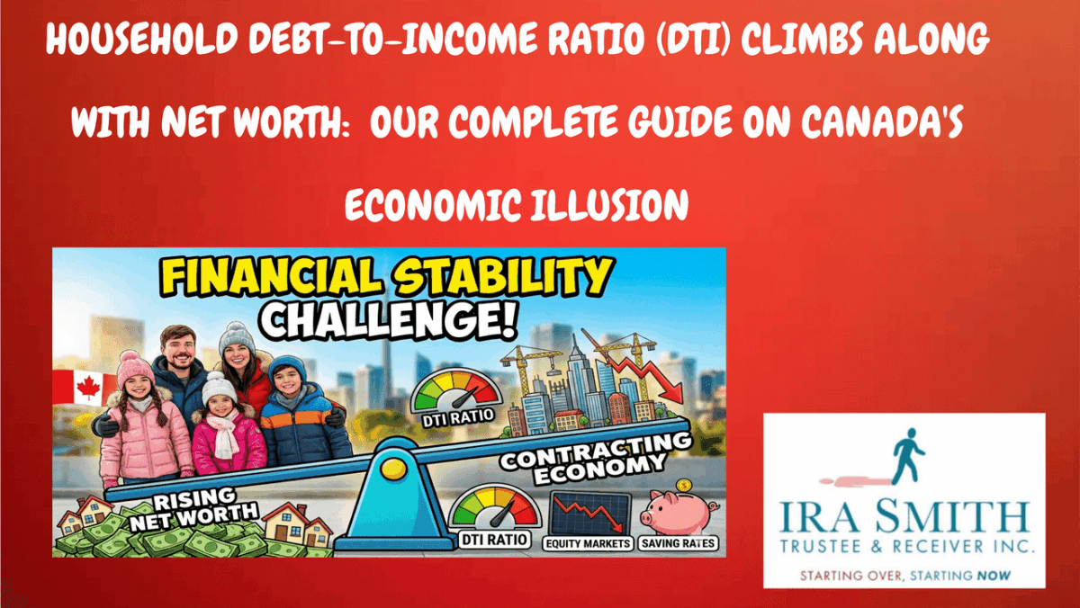 Canadian families balanced on a see-saw between rising household net worth and a contracting economy in a city skyline, illustrating how DTI (debt-to-income) ratios, equity markets, and saving rates impact financial stability in Canada.
