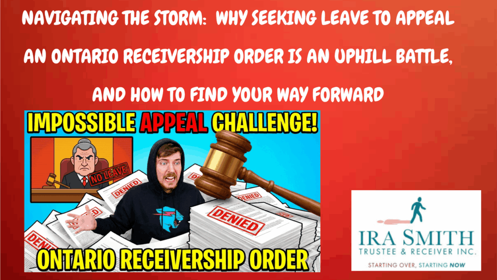 Company owner drowned in lLegal papers and judge with gavel, all with the word denied stamped on them, symbolizing the tough challenge of securing leave to appeal an Ontario receivership order.