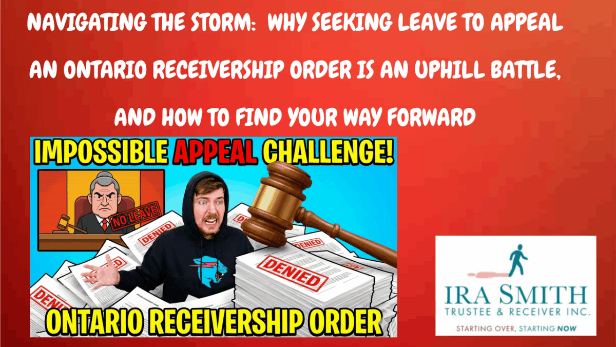Company owner drowned in lLegal papers and judge with gavel, all with the word denied stamped on them, symbolizing the tough challenge of securing leave to appeal an Ontario receivership order.