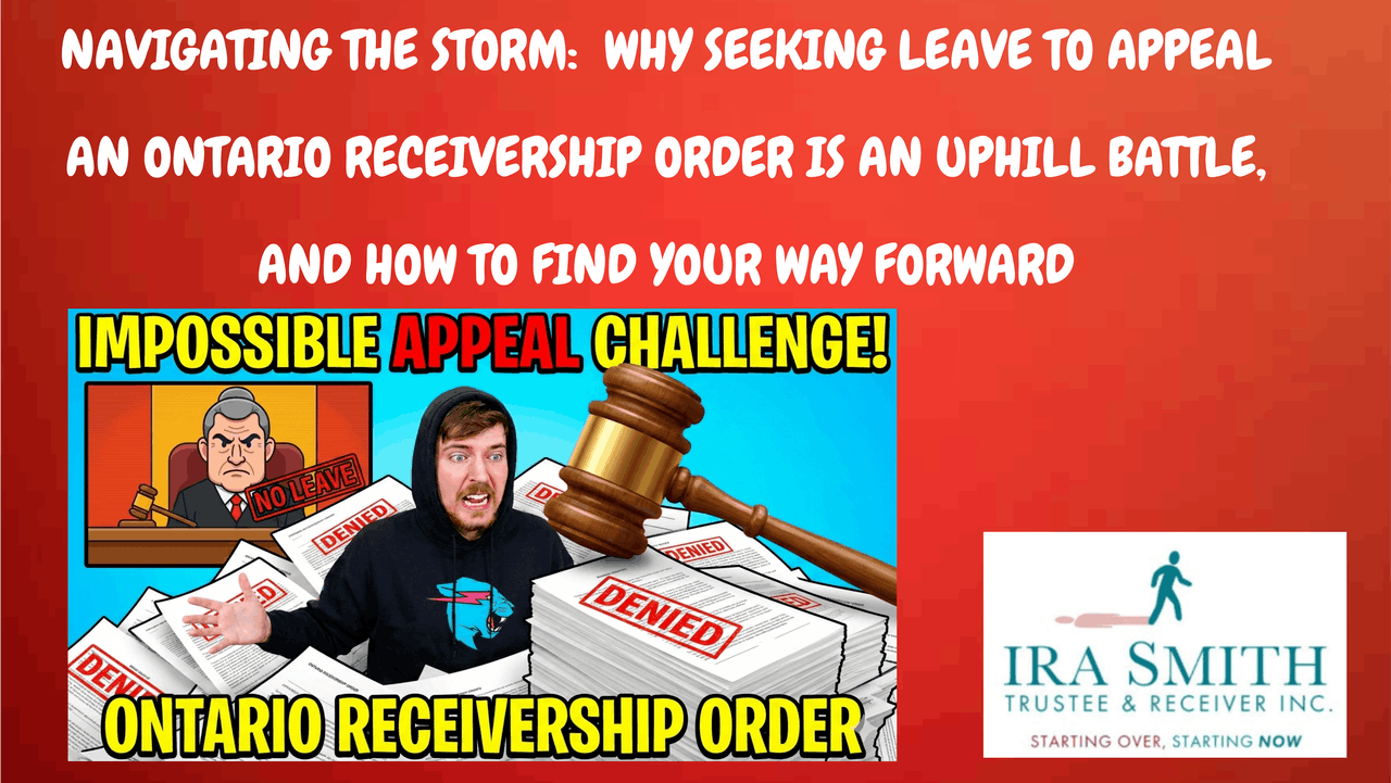 Company owner drowned in lLegal papers and judge with gavel, all with the word denied stamped on them, symbolizing the tough challenge of securing leave to appeal an Ontario receivership order.