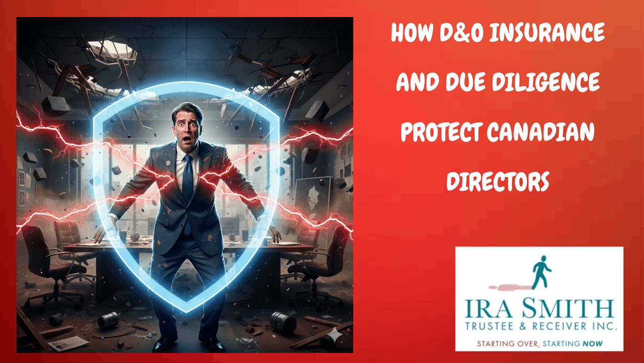 Illustration of a director navigating financial distress, emphasizing the shield of D&O insurance against personal liability during a corporate wind-down in Toronto, assisted by Ira Smith Trustee & Receiver Inc.