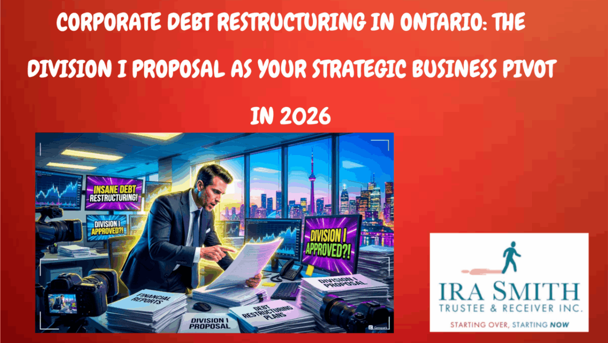 A GTA business executive analyzing financial reports, symbolizing strategic corporate debt restructuring and a business pivot, in Ontario, with a Division I Proposal.