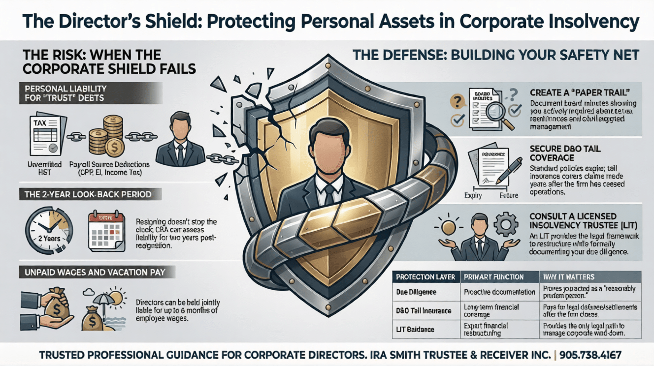 Ira Smith Trustee & Receiver Inc. in the GTA provides an infographic showing how directors can protect themselves which includes D&O insurance and tail insurance.