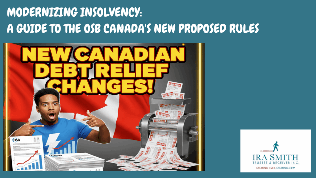 Official announcement from the Office of the Superintendent of Bankruptcy Canada regarding new debt relief changes, with the Canadian flag and final notice bills being shredded representing eliminated debt through a Canadian insolvency process.