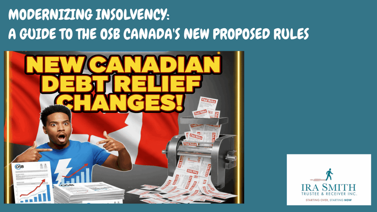 Official announcement from the Office of the Superintendent of Bankruptcy Canada regarding new debt relief changes, with the Canadian flag and final notice bills being shredded representing eliminated debt through a Canadian insolvency process.