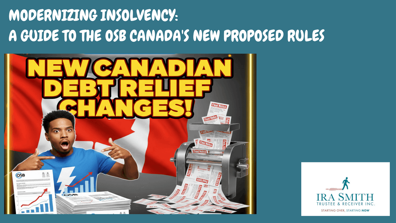 Official announcement from the Office of the Superintendent of Bankruptcy Canada regarding new debt relief changes, with the Canadian flag and final notice bills being shredded representing eliminated debt through a Canadian insolvency process.
