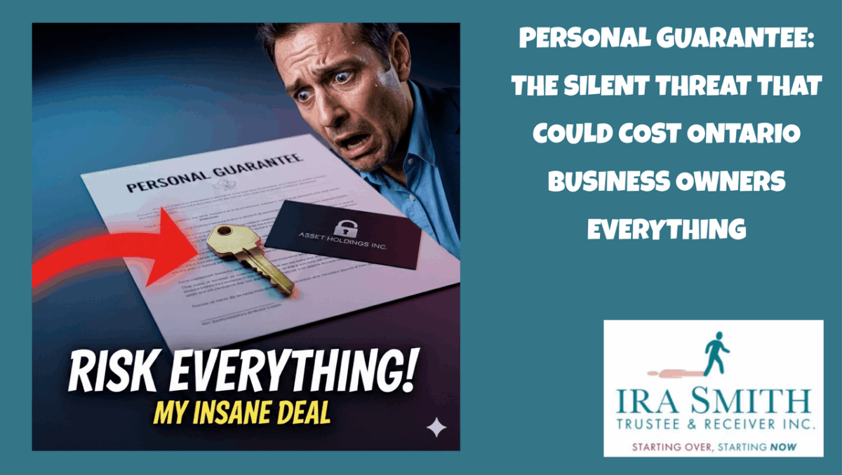 A scared 40-year-old male businessman is looking at his signed personal guarantee document alongside a house key and a business card, symbolizing the personal assets at risk for Ontario business owners.