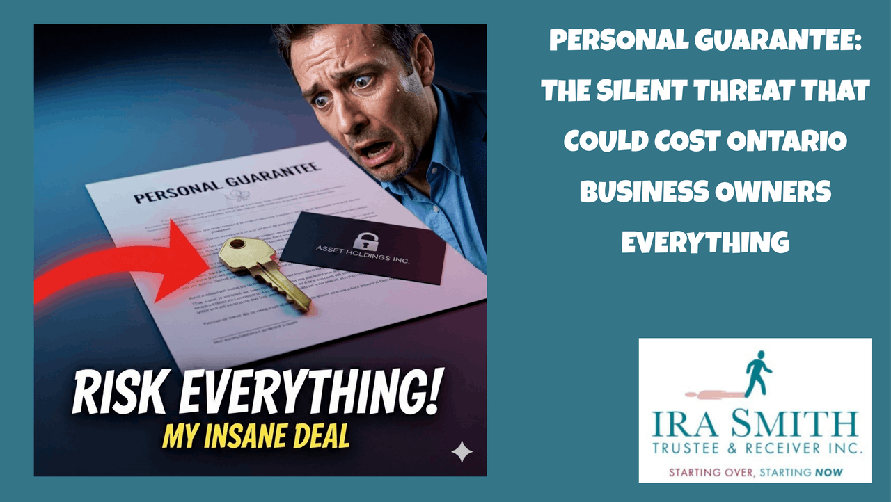 A scared 40-year-old male businessman is looking at his signed personal guarantee document alongside a house key and a business card, symbolizing the personal assets at risk for Ontario business owners.