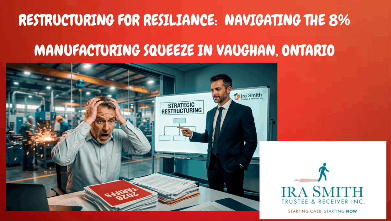Vaughan manufacturing business owner reviewing financial documents, facing the 2026 "Tariff Trap" and considering strategic restructuring options with an LIT from Ira Smith Trustee & Receiver Inc.