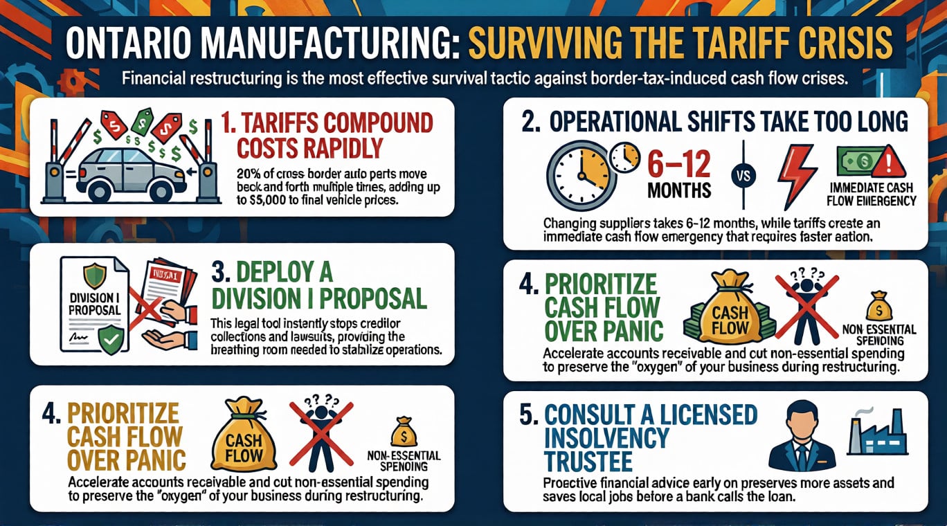 An infogrphic showing the steps that Vaughan, Ontario manufacturing companies can enter bankruptcy protection to restructure with a licensed insolvency trustee as a result of tariffs reducing profitability and causing debt problems.