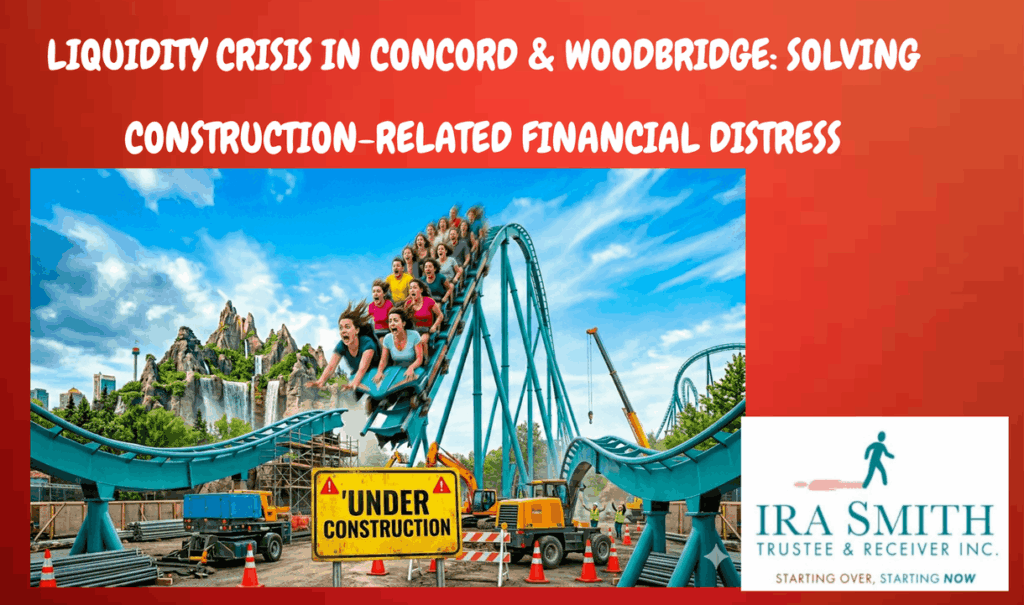 LIQUIDITY CRISIS IN CONCORD & WOODBRIDGE: SOLVING CONSTRUCTION-RELATED FINANCIAL DISTRESS 2 A scared group of people in a Canada's Wonderland in Vaughan roller coaster under construction to represent distressed businesses in Vaughan behind construction barriers, symbolizing the 'Gridlock Liquidity Crisis' impacting local businesses due to ongoing infrastructure projects.