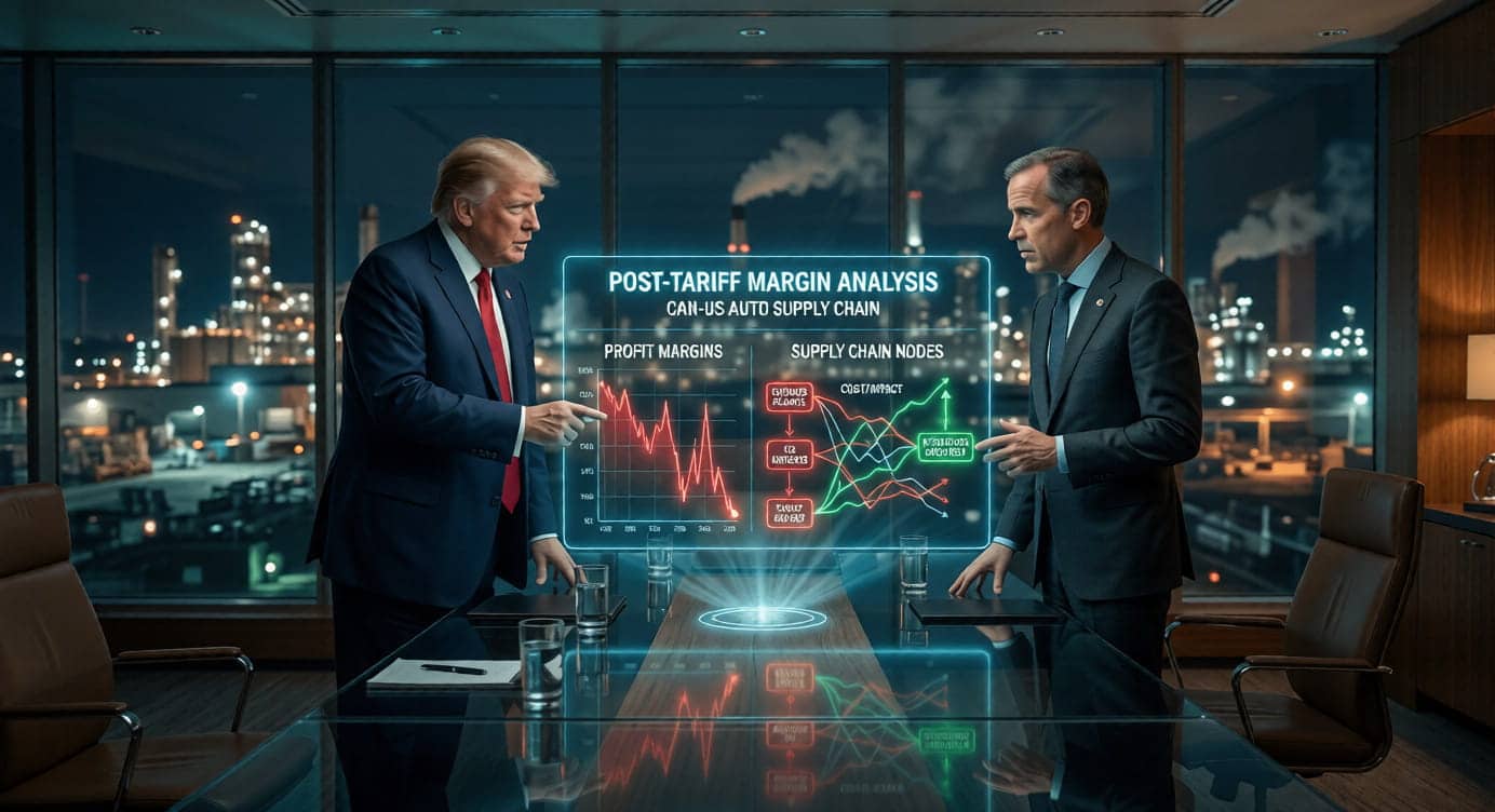 Data visualization of a post-tariffs margin analysis for an Ontario automotive parts manufacturer with President Donald Trump and Prime Minister Mark Carney