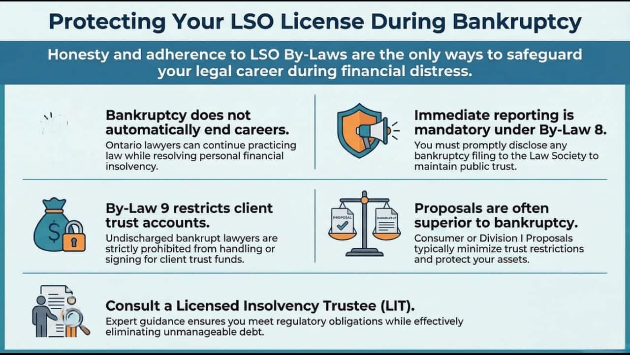 An infographic showing the steps an insolvent Ontario lawyer can take through an insolvency process to eliminate their debt and save their law practice and legal career.