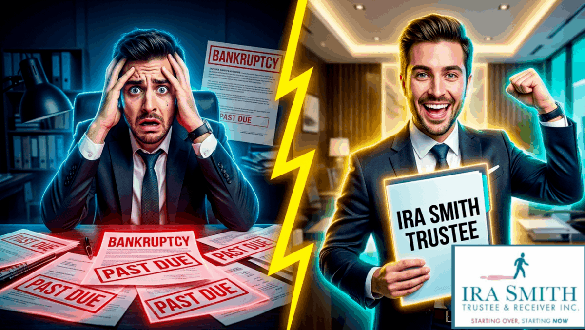 Side by side image on the left a stressed out Ontario lawyer facing insolvency and on the right side, a happy Ontario lawyer who achieved debt elimination through an insolvency process administered by Ira Smith Trustee & Receiver Inc.