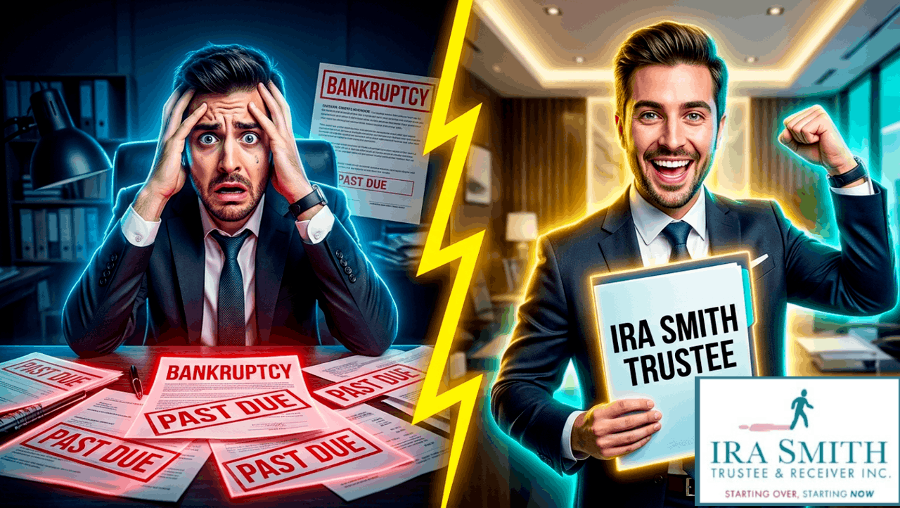 Side by side image on the left a stressed out Ontario lawyer facing insolvency and on the right side, a happy Ontario lawyer who achieved debt elimination through an insolvency process administered by Ira Smith Trustee & Receiver Inc.